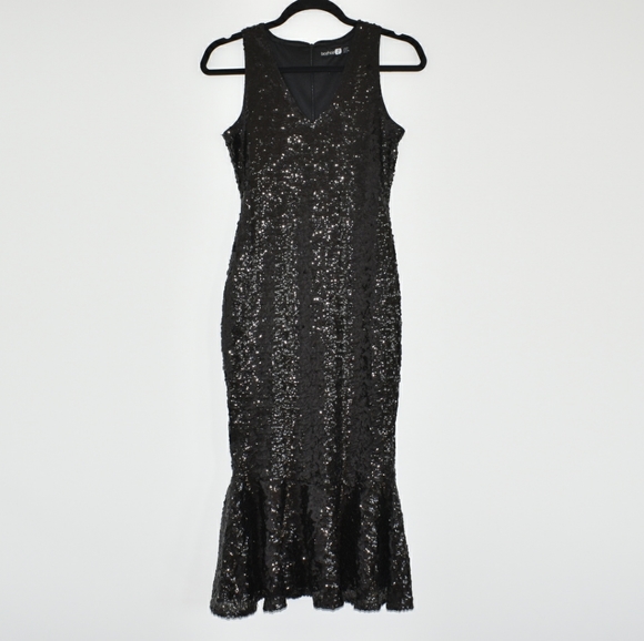 Sequin Frill Hem Midi Dress Black - Picture 2 of 6